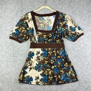 Vintage Speechless Babydoll Top Womens L Brown Blue Floral Tie Waist Grunge 90s*